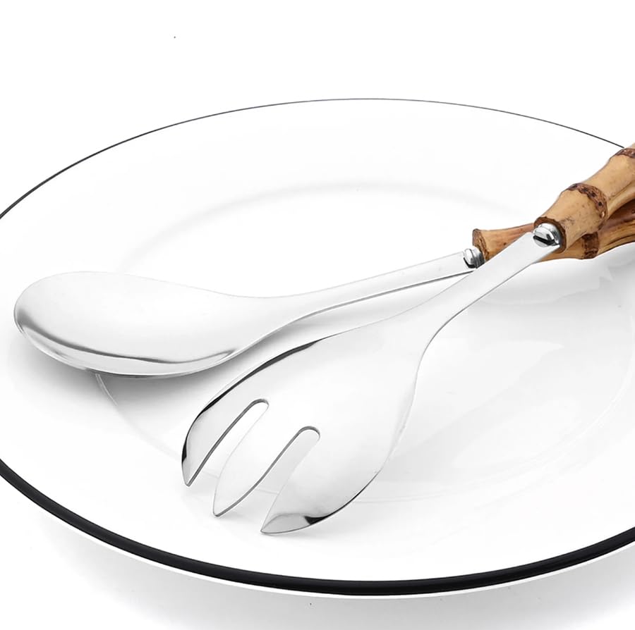 Juego de 4 cucharas y tenedores de ensalada, cuchara de servir de mango largo, tenedor, mango de madera de bambú, vajilla de cocina de acero inoxidable para mezclar frutas, pasta, ensalada, juego de