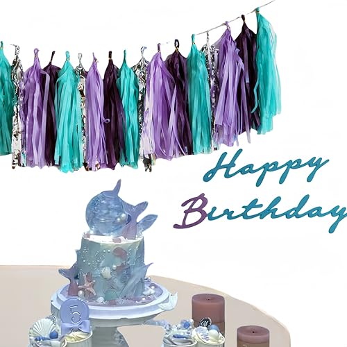 Image of Teal Purple Lavender Silver Tissue Tassel Garland for Girl, Banner for Summer Theme Party Decorations,Pack of 20