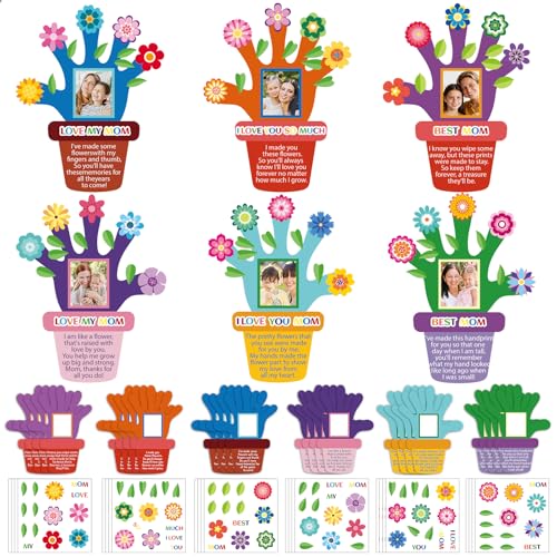 24 Sets Mothers Day Crafts for Kids Mothers Day Hand Picture Frame DIY Craft Kits Make Your Own Handprint Flower Pot Keepsake with Flower Stickers for Mom Gifts Spring Party Classroom Home Activities