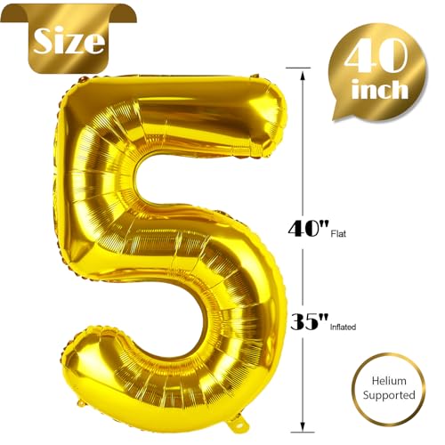 Image of Gold 5 Balloon, Number Balloon 40 Inch, Gold and Black Party Supplies, 5th Birthday Balloon Decorations, 5 Number Balloons, Number 5 Balloon