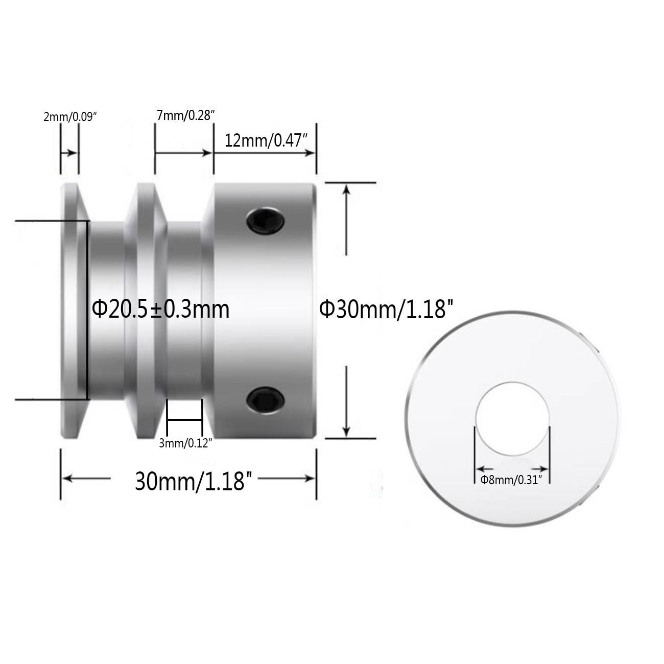 CHANCS Koło pasowe z podwójnym rowkiem ze stopu aluminium 30 mmOD 8 mm stałe koło pasowe z otworem do wału silnika wiertarki 6 mm (1/4") PU okrągły pasek