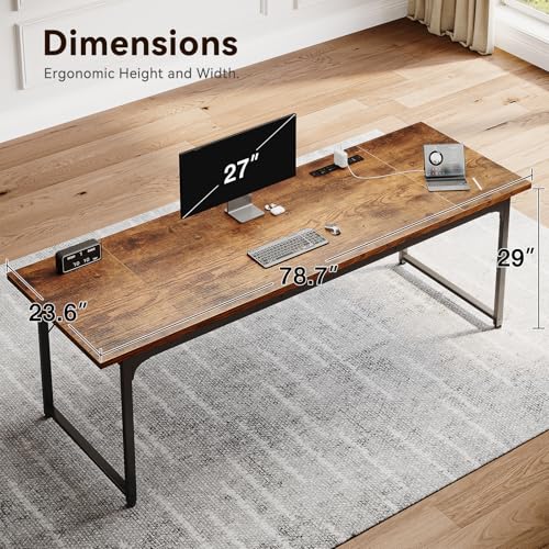 Image of Coleshome 79 Inch Large Computer Desk with Power Outlet, Extra Long Desk for Home Office & Gaming, Spacious Writing Table for Study and Crafting, Rustic Brown