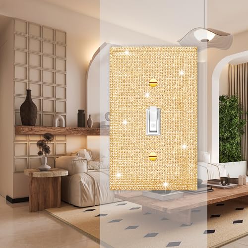 Image of 2 Pcs Shiny Golden Rhinestones Single Toggle Light Switch Plate Decorative Rhinestones Switch Plate Decorative Wall Plate