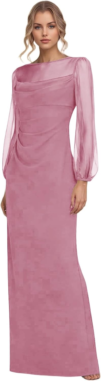 Chiffon Mother of Bride Dresses with Mesh Sleeve Crew Neck Formal Dresses for Wedding Guest Ruched Maxi Evening Dresses