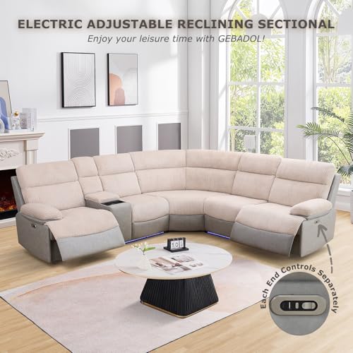 Image of Power Recliner Sectional Sofa, Beige & Grey Plush Sofa, Sectional Couch with Storage Console, Reclining Living Room Sofa with USB /LED Lights