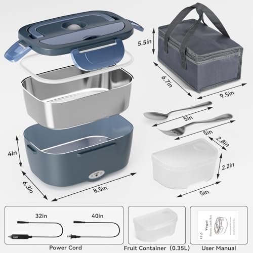 Image of Vingud Electric Lunch Box for Adults, Heated Lunch Box Food Warmer, 80W Portable Heating Lunchbox for Work /Car /Truck, 12 /24 /110V Lonchera Electrica Portatil Christmas White Elephant Gifts, Blue Gray