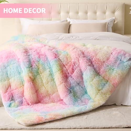 Image of yescool Weighted Blanket for Adults (20 lbs, 60 inch x 80 inch, Rainbow) Heavy Blanket for Sleeping Perfect for 140-160 lbs, Queen Size Faux Fur Blanket with Premium Glass Bead, Machine Washable