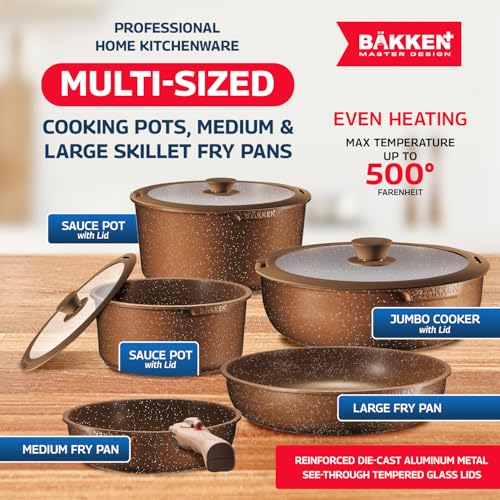 Bakken-Master-38-Piece-Granite-Cookware-and-Bakeware-Set–Nonstick-Granite-Coating-Pots-and-Pans-with-Detachable-Handles-and-Tempered-Glass-Lids-6-piece-Bakeware-set-12-piece-Mixing-BowlsBrown Bakken Master 38 Piece Granite Cookware and Bakeware Set–Nonstick Granite Coating Pots and Pans with Detachable Handles and Tempered Glass Lids 6 piece Bakeware set 12 piece Mixing BowlsBrown