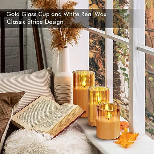 Image of Rhytsing Gold Ribbed Glass Battery Operated LED Candles with Remote, Flameless Candle Gift Set with Timer, Warm White Light- Include 6 Batteries - Set of 3