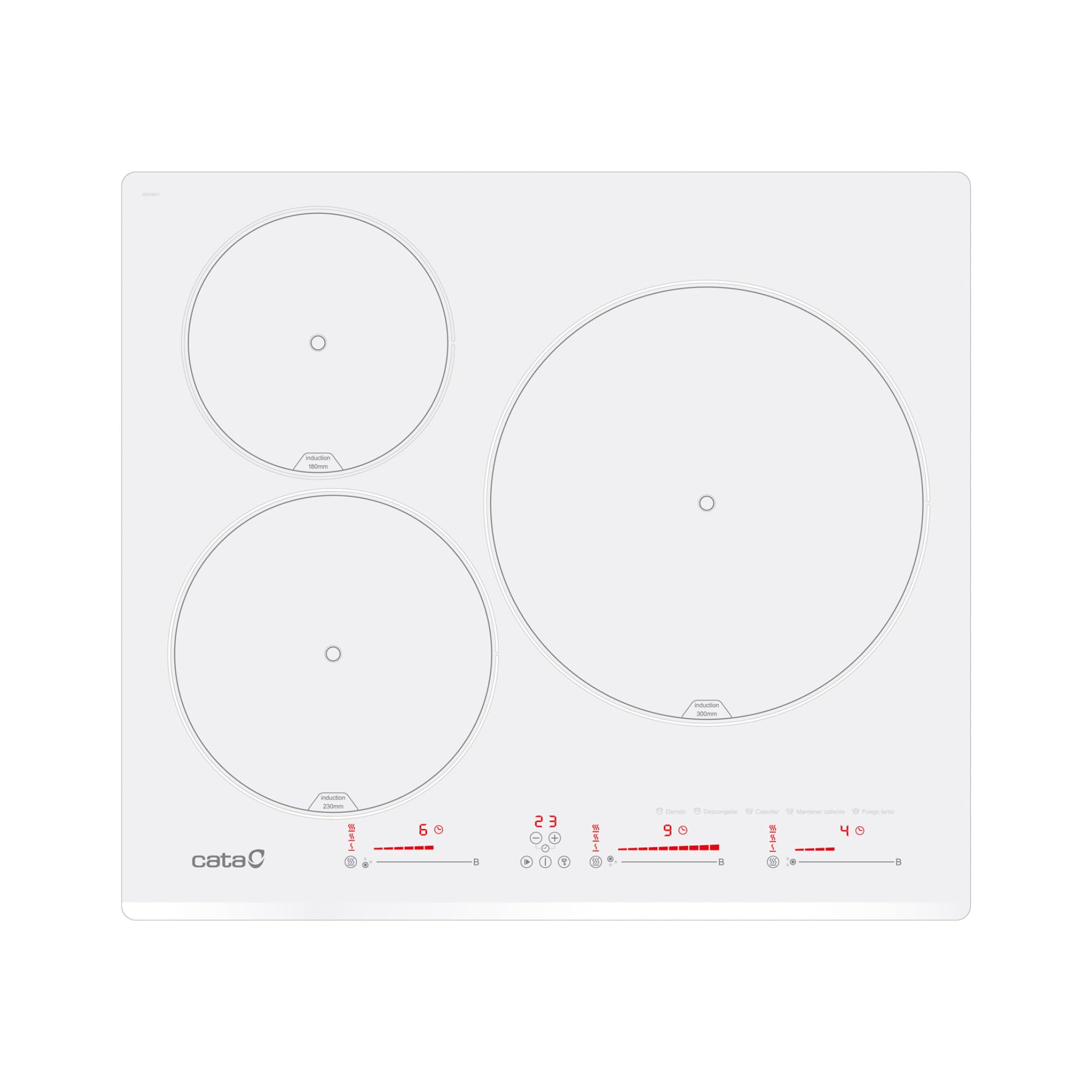 Cata Blanco Placa Inducción Ib 6003 E2 Wh 3 Areas Cocción Control Tactil Deslizante 9 Niveles Potencia Regulable Bloqueo Seguridad Temporizador Detección Recipientes Bisel Frontal Ancho 59Cm Color