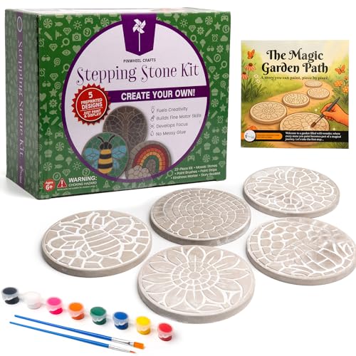 Pinwheel Crafts Stepping Stone Kit for Kids – Paint Your Own Mosaic Stones with Storybook | 5 Preprinted Cement Designs, Waterproof Paints, Brushes & Markers | Creative Garden Craft Gift for Ages 6+