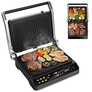 LEHMANN Bistecchiera Elettrica, 2000 W, Apertura 180°, Piastre Antiaderenti Rimovibili, 10 Programmi, Regolazione Temperatura 90-230°C, Timer 1-240 min, Griglia per Cucinare Carne, Pesce e Verdure