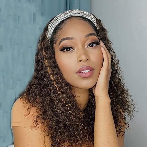 Image of XSY Deep Wave Headband Wig Human Hair Ombre Highlight 4 /27# Curly Headband Wig Glueless Brazilian Virgin Human Hair Wigs for Black Women 150% Density 12 Inch