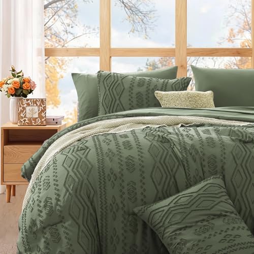 Image of Oversized King Comforter Set- 7 Pieces Bed in a Bag King Bedding Sets | All Season Shabby Chic Tufted Bedding with Comforter, Sheets, Pillowcases & Shams, Olive Green