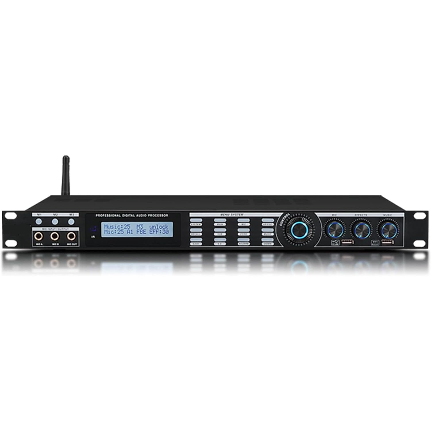 Professional Anti-Howling Audio Processor for Karaoke and Meetings - 5-Channel Input, Mobile App Control, DSP Reverberation, LCD Display(Lotus Wire)