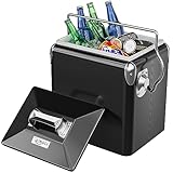 VINGLI 14qt Small Ice Chest, Insulated Portable Cooler, Beach Cooler, Retro Vintage Classic Style Hard Metal for Barbeques, Camping, Fishing and Picnics (14 QT, Black)