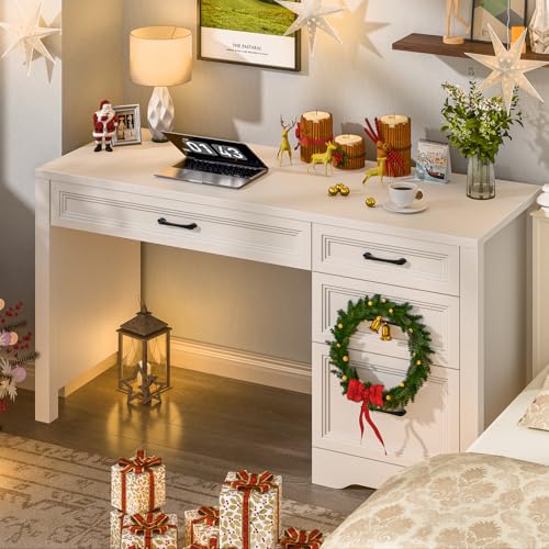 Image of Vabches Farmhouse Executive Desk with Storage and Ample File Drawer, Rustic Large Home Writing Desk for Bedroom, Pure White
