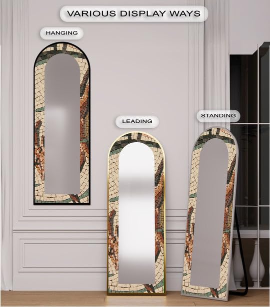 Specchio da pavimento con mosaico toscano da 63,5 x 160 cm (larghezza x altezza), specchio da pavimento rustico a mosaico ad arco con cornice nera e cornice dorata