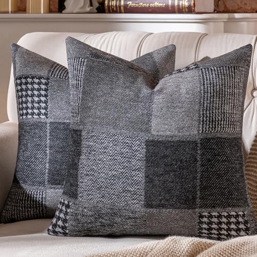 AmHoo Set of 2 Throw Pillow Covers Woolen Patchwork Checkered