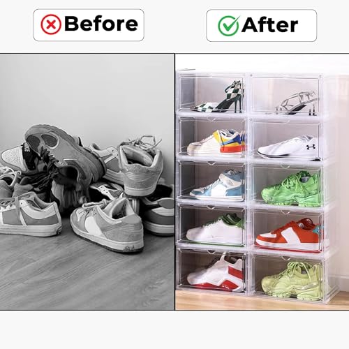 Image of Story@Home 6 Pack Sneaker Box | Sneaker Containers Bins, Shoe Container & Storage Box, Clear Plastic Stackable Shoe Organizer for Closet, Space Saving, Foldable, White Transparent, Pack of 6