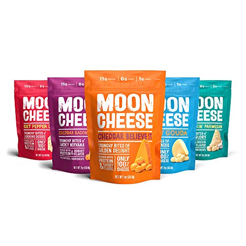 Moon Cheese 100% Cheese, Low-carb 2oz, Keto-Friendly, high protein Variety - 5 pack (Bacon Cheddar, Gouda, Pepper Jack, Cheddar, Garlic Parmesan) snack alternative to protein bars, cookies, and shakes