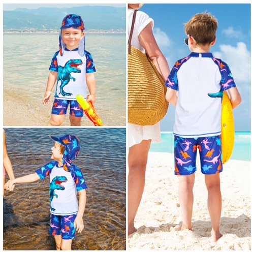 Image of Boys Two Piece Rash Guard Swimsuits Kids Short Sleeve Swimwear Sets Bathing Suit with Sun Hat for 2-6 Years