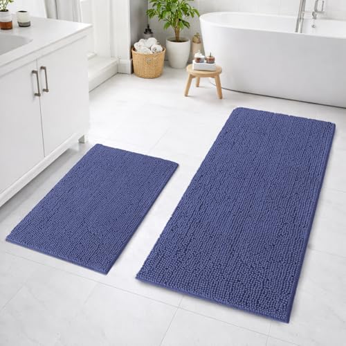 Image of LUXEHOME International Bath Mats for Bathroom Anti Slip Microfiber Chenille Super Absorbent Quick Dry Water Soak Floor Mat for Home Kitchen Door (45x75cm 60x120cm Navy) Pack of 2