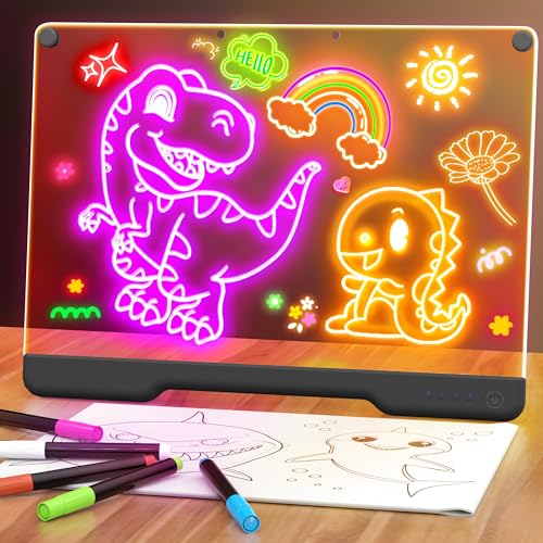 Tableau lumineux LED rechargeable 40 cm avec 7 couleurs – Ardoise lumineuse néon pour dessin et messages, effaçable à sec, avec support intégré, 5 marqueurs –...