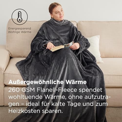 BEDSURE Decke mit Ärmeln Kuscheldecke - Weihnachten Geschenke für Männer, Warm Ärmeldecke & Sofadecke für Erwachsene, Flauschige Ganzkörperdecke zum anziehen, Tragbare Decke, 150x200cm, Anthrazit