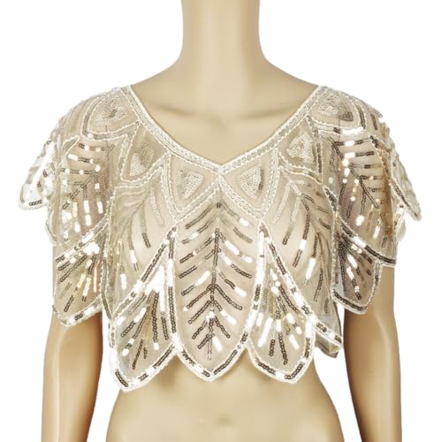 Vintage 1920s Shawl Wraps Sequin Beaded Evening Cape Bridal Shawl Bolero Flapper Cover Up, Apricot3