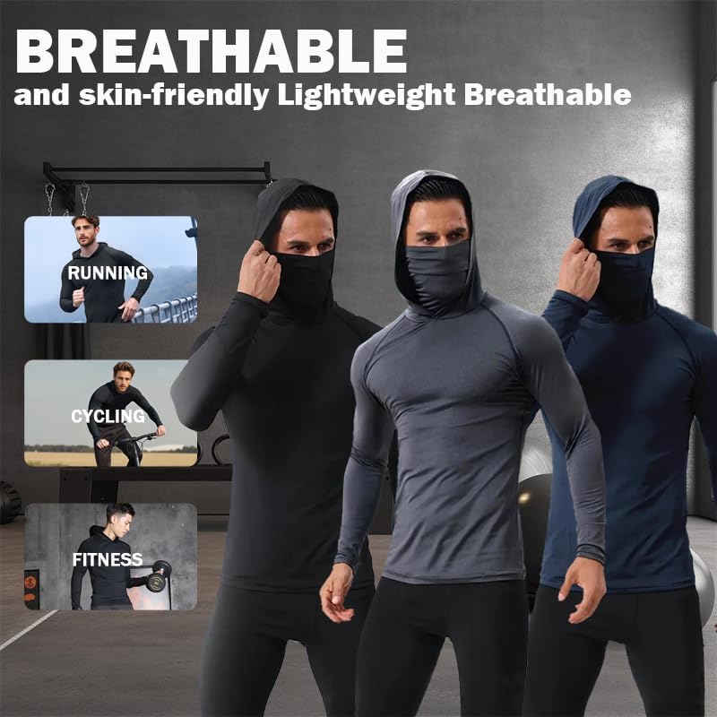 3 Pack Men's UPF 50+ Sun Protection Hoodies, Long Sleeve Moisture Wicking Shirts with Face Mask for Fishing - Image 5