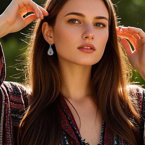 Boho Drop Earrings with Red Stone – Silver Teardrop Earrings Featuring Oval Gemstone & Intricate Detailing, Vintage Inspired Boho Jewelry for Women2