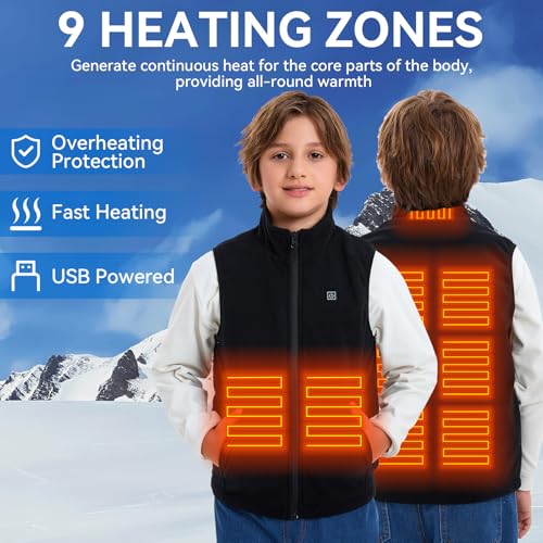 Image of Kids Heated Fleece Vest with 9 Heating Zones, Youth Electric Heating Vest for Girls Boys (Battery Not Included)