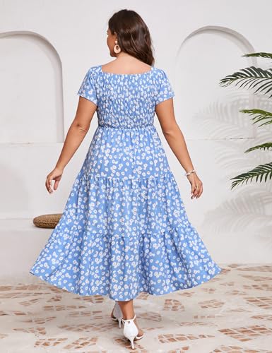 Image of KOJOOIN Women Plus Size Summer Dress Short Sleeve Casual Dress Floral Midi Dress Sweetheart Neck Ruffle Dress