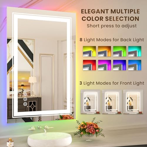 Image of WTTY LED Bathroom Mirror 20 inchx28 inch with RGB Backlit and 3 Front Light,Stepless Dimmable LED Mirror for Bathroom,Lighted Bathroom Vanity Mirror for Wall,Anti-Fog,Memory Function,Shatter-Proof