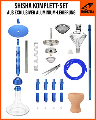 Smokezilla® MINYA 4S Shisha Set Blau - 4 Schläuche + Anschluss & Mundstücke - Inklusive Shisha Zubehör Mit Kaminkopfset… – Bild 3