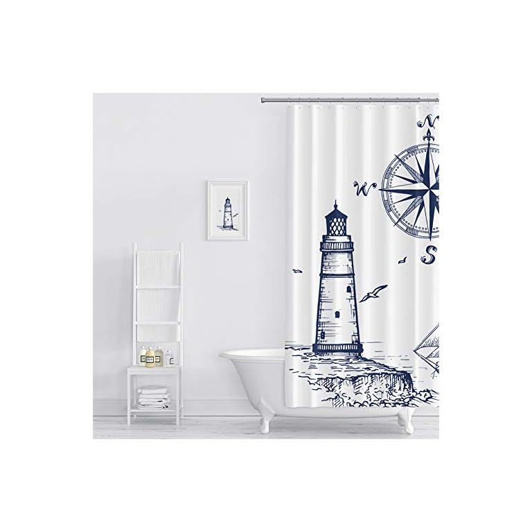 VIMMUCIR Sail Boat Nautical Shower Curtain, Lighthouse and Compass Navy