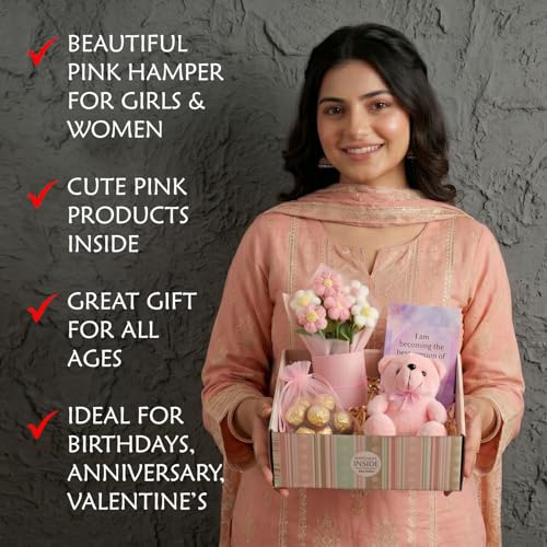 Image of Rakhi Pink Gift Basket Set For Women - Gift With Teddy Bear , Crochet Flower Bouquet, Chocolates and Inspirational Card, Romantic Gift Box for Wife, Girlfriend, Mom, Sister, Behen, Cousin, Raksha Bandhan