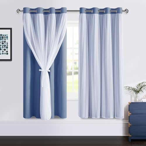 Image of DWCN Blue Blackout Curtains with Sheer Overlay with Tiebacks 63 Inch Long