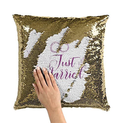 Coussin Calligraphie Just Married Housse Sequin Doré Scintillant - 3