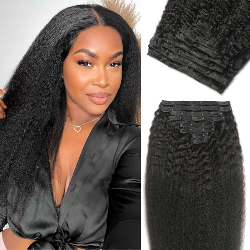 Kinky Straight Clip in Hair Extensions Human Hair Clip in Extensions 110g Clip Ins for Black Women 8Pcs/Pack Double Weft Full Head Natural Black Hair Extensions Human Hair16Inch