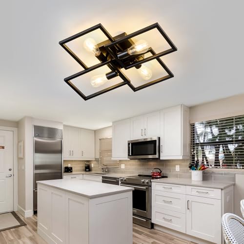 Image of ASGYISA Black Industrial Semi Flush Mount Ceiling Light Kitchen Light Fixtures 4-Light Modern Large Matte Sputnik Chandelier for Dining Room Bedroom Farmhouse Living Room