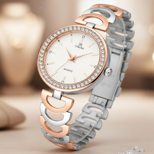 Image of IIK COLLECTION Watches for Women Round Studded Dial |Analogue Quartz Movemnet Ladies Watch|Long Battery Life|Stainless Steel Adjustable Bracelet Chain Strap|Double Lock Clasp Safety Watches for Girls