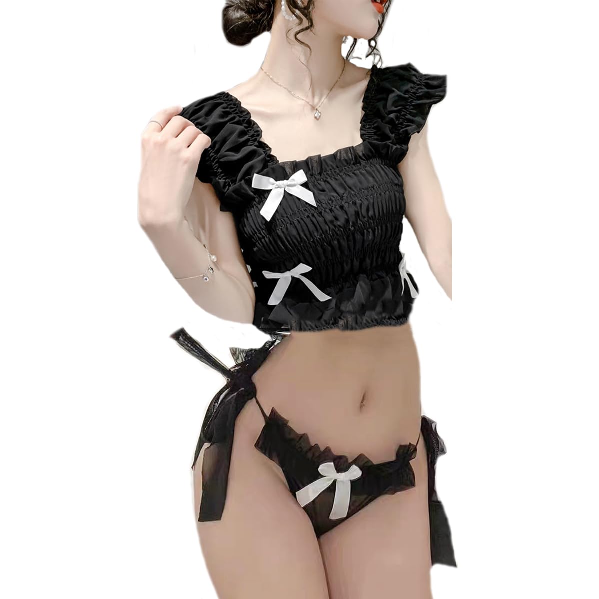 [Lunon] 女装パンツ 男の娘 下着 上下セット 【高伸縮/シフォン リボン/くせになる フィット感】キャミソール タンクトップ ショーツ 上下セット 撮影 衣装 女装コスプレ おとこの娘用 黒 白