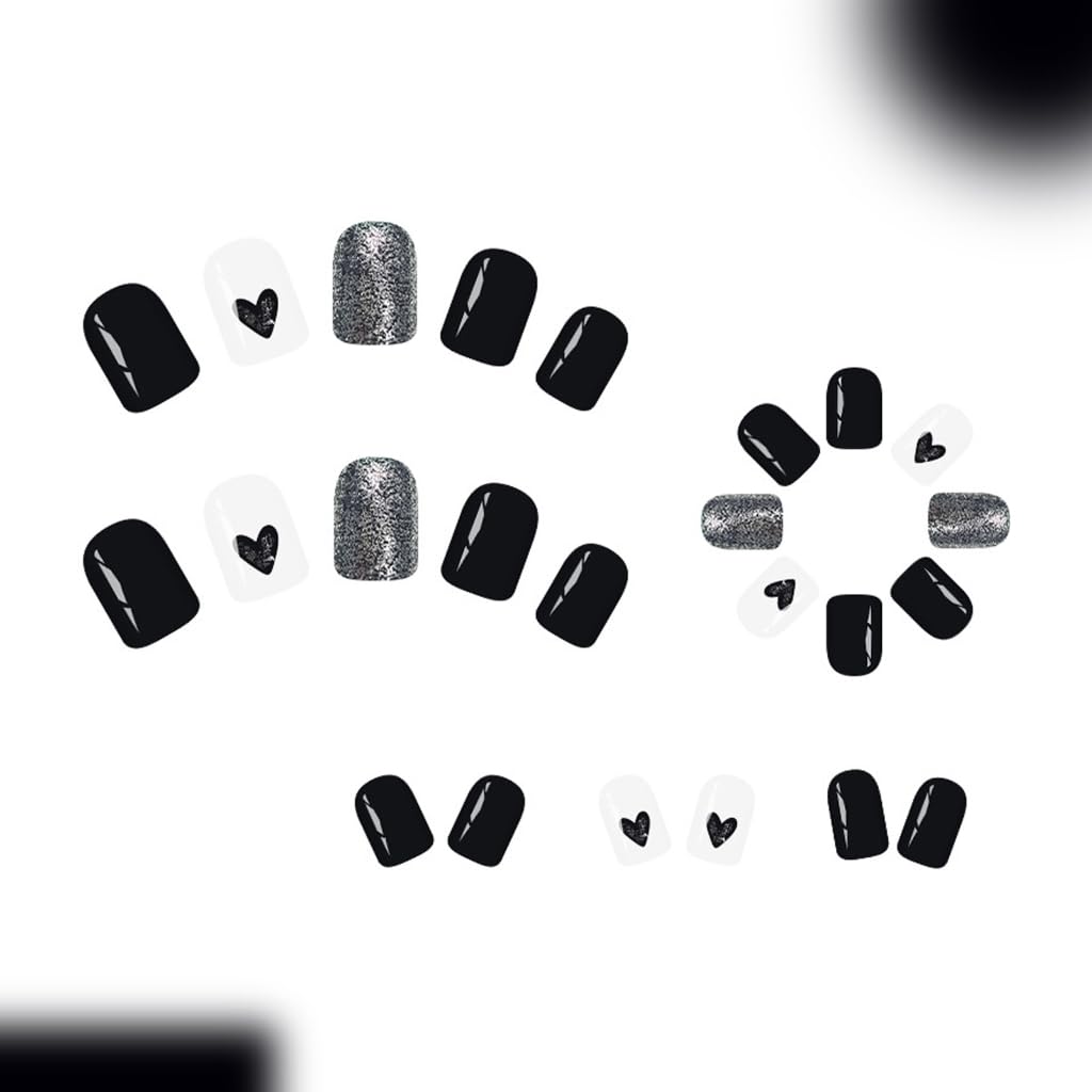 24PCS Black Heart Long Lasting ABS False Nails for Parties, Daily Wear & Sensitive Skin