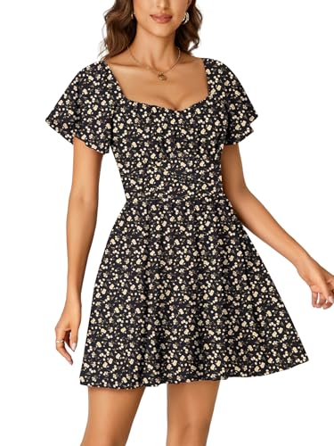 Image of Rooscier Women's Tie Back Square Neck Wrap Ruffle Short Sleeve Flare Mini Dress
