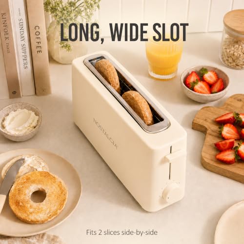 Image of Nostalgia Slim 2-Slice Toaster - Wide Slot - Space-Saving Design - Adjustable Browning Dial - 10-inch Long Slot Fits 2 Slices of Bread or Bagel Halves - Drop-down Crumb Tray - Oatmeal