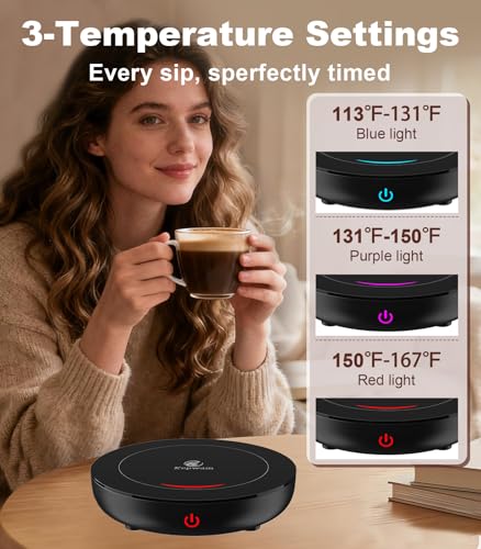 Image of Kepwam Coffee Mug Warmer for Desk, 3-Temp Fast Heating Cup Warmer with 6H Auto Shut Off, LED Light & Smart Candle Warmer for All Beverages, Ideal Gifts for Women Men