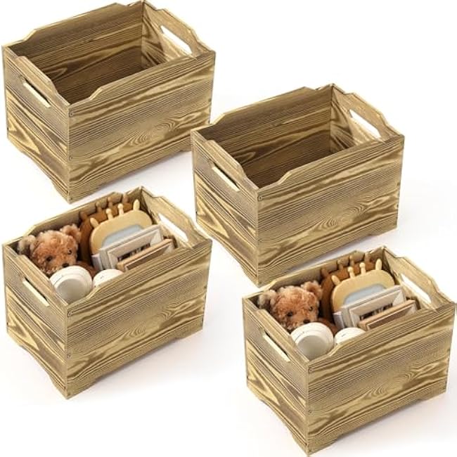 Maxdot 4 Pcs Large Wood Storage Crates Cubes Boxes with Handles 14 Inch Rustic Light Brown Large Storage Bins Crates Baskets for Shelves Stackable Cube Toy Clothes Books Home Office