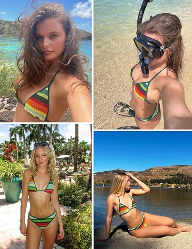 seamoly Women's Bikini Sets Halter Neck Crochet Colorblock Two Piece Swimsuits Open Back Sexy High Cut Thong Bathing Suit3